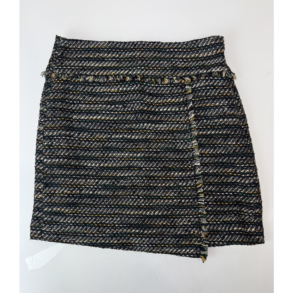 Ann Taylor LOFT Black Tan Fringe Tweed Faux Wrap Skirt Career Office Preppy 4